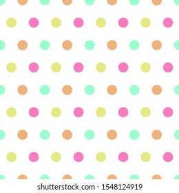 
Seamless pattern: isolated multicolored polks dot on a white background. funny childish pattern. vector. illustration