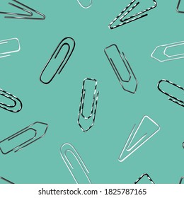 Seamless pattern with isolated on green background Paper clips in vector illustration. Stationery elements for paper work. Education helpers. Office accessories, stuff, strip ornament.