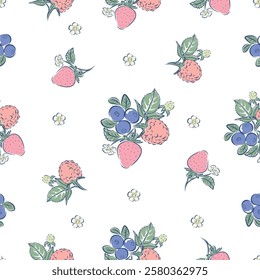 Seamless pattern isolated on white background of 3berries is strawberry, blueberry and rasptberry for textile, wallpaper, packaging and so on. You can change background color from the EPS file.