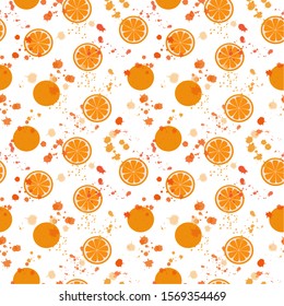 Seamless pattern: isolated orange oranges and watercolor splashes on a white background. flat vector. illustration