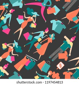 Seamless pattern with isolated people on shopping. Isometric flat graphics. Communication, fitting,  shopaholism. Vector illustration