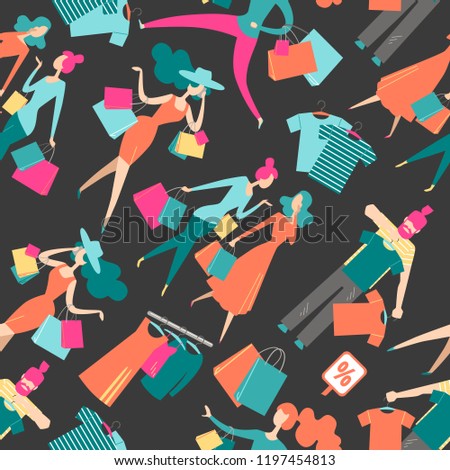 Seamless pattern with isolated people on shopping. Isometric flat graphics. Communication, fitting,  shopaholism. Vector illustration