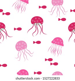 
Seamless pattern: isolated pink jellyfish and fish on a white background. Vector. illustration