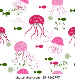 
Seamless pattern: isolated pink jellyfish and fish on a white background. vector. illustration