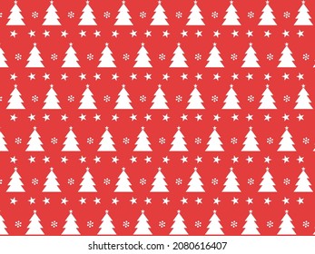 Seamless pattern isolated red Background with tree, star, and snowflakes. The design used for printing, background, gift wrapping, baby clothes, textile, vector illustration