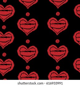 Seamless pattern with isolated red heart and dot embroidery stitches imitation. Embroidery vector love background for printing on fabric, paper for scrapbook, gift wrap and wallpapers.