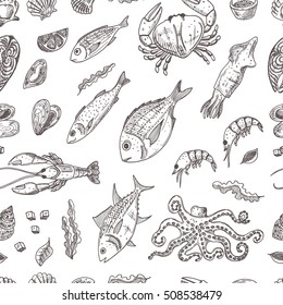 Seamless pattern with isolated seafood elements. Hand drawn vector illustration. Octopus, lobster, salmon, crab, squid, oyster, scallops, dorado, mollusk, mullet, sea bass, tuna, shrimps and other.