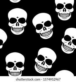 Seamless pattern with isolated skulls on black background. Repetitive vector illustration. EPS 10.