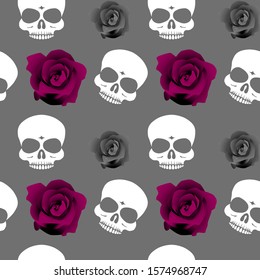 Seamless pattern with isolated skulls and red / grey roses on grey background. Repetitive vector illustration. EPS 10.