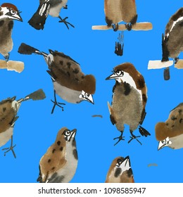 Seamless pattern with isolated sparrows painted in Chinese technique on blue background. Cute watercolor birds for cards, prints. Vector illustration
