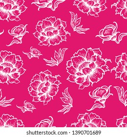 Seamless pattern isolated vector with Paeonia. Red and pink Pion. leaf and rose on pink isolated background. Isolated flowers. Good for printing. Great textile ornament