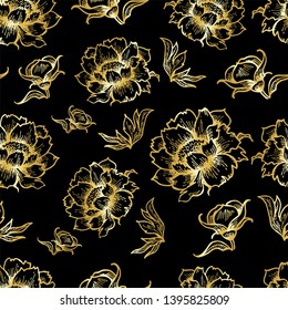 Seamless pattern isolated vector with Pion. Golden peony. Leaf and rose on black isolated background. Isolated flowers. Good for printing. luxury ornament