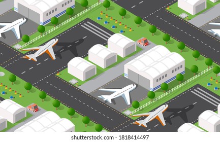 Seamless pattern Isometric 3D city airport with transport aircraft and the runway