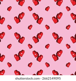 Seamless Pattern with Isometric 3D Pixel Art Hearts retro graphic illustration