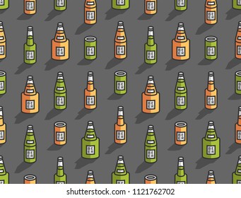 Seamless pattern with Isometric beer bottles. line style. isolated on black background