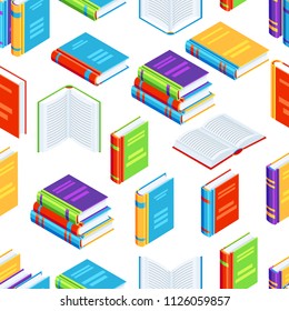 Seamless pattern with isometric books. Education or bookstore background in flat design style.