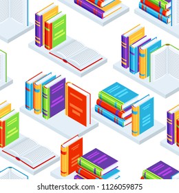 Seamless pattern with isometric books. Education or bookstore background in flat design style.
