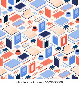 Seamless pattern with isometric books and stationery elements, drawn with bright colors orange and blue. Vector concept illustration