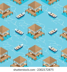 seamless pattern isometric bungalows, houses in the sea with waves and boats.vector illustration.