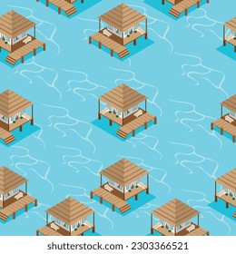 seamless pattern isometric bungalows, houses in the sea with waves.vector illustration.