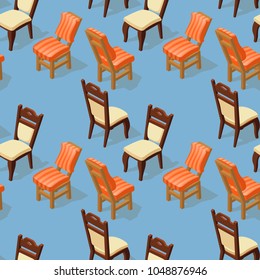 Seamless pattern of isometric cartoon chair isolated on blue. Chairs with white and orange striped upholstery. Front and back.