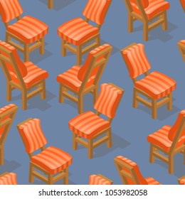Seamless pattern of isometric cartoon chair isolated on blue. Chairs with striped upholstery. Front and back.