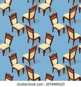 Seamless pattern of isometric cartoon chair isolated on blue. Chairs with white upholstery. Front and back.