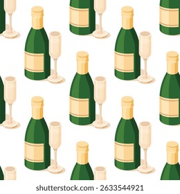 Seamless pattern with isometric champagne bottle with glass. Vector illustration. Objects isolated on white background. Festive party beverage. Christmas or birthday celebration alcohol.