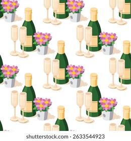 Seamless pattern with isometric champagne bottle with two glasses and pink flowers in bucket. Vector illustration. Objects isolated on white background. Elements for greeting cards. Valentine's day.