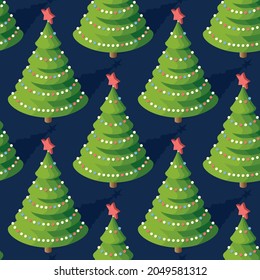 Seamless Pattern with Isometric Christmas Tree with Red Star. Vector Illustration. Happy New Year.
