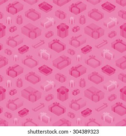 Seamless pattern with the isometric colored gift boxes against the pink background. The layout is fully editable