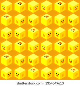 seamless pattern of isometric cubes with flat design cute duck face on orange background