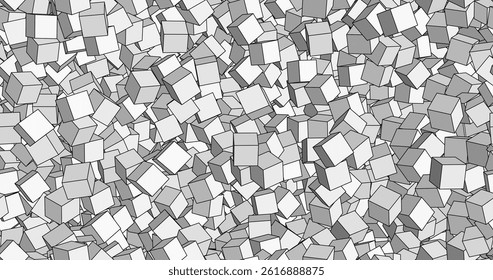 Seamless pattern of isometric cubes in gray tones, creating the effect of chaotic heap. Minimalism style, geometric graphics, monochrome.