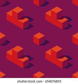 Seamless pattern of isometric game blocks on dark violet background. Vintage 80s style design. Clipping mask used.