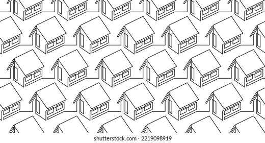 Seamless pattern of isometric houses in continuous line art drawing style. Many typical homes of cottage village black linear design isolated on white background. Vector illustration