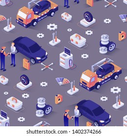 Seamless Pattern with Isometric Icons. Car Repair Service Concept. Vector 3d Illustration with Spare Parts, Master and Customer, Car, Tow Truck Evacuator on Color Backdrop. Background, Repeat Texture