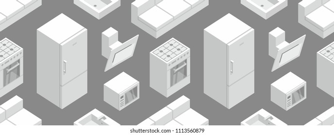 Seamless pattern with Isometric Kitchen Furniture, flat style. isolated on black background