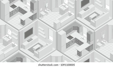 Seamless pattern with isometric living room, kitchen, bathroom