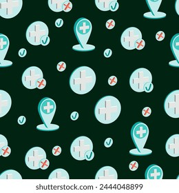 Seamless pattern of isometric medical icons on a dark green background for textile or packaging, medical textiles. Vector illustration.