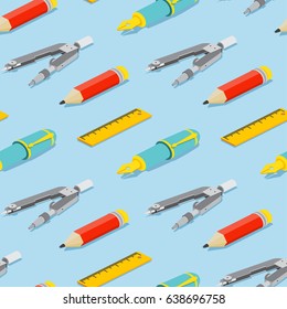 Seamless pattern with isometric pair of compasses, fountain pen, pencil, and ruler on blue background. Vector illustration. Isometric pattern with office supplies.