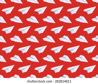 Seamless pattern with isometric paper planes against the red background. The layout is fully editable