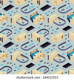Seamless pattern with isometric parts of the cardboard virtual reality headset. The layout is fully editable 