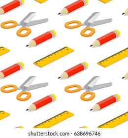 Seamless pattern with isometric pencil, ruler and scissors on white background. Vector illustration.  Isometric pattern with office supplies.