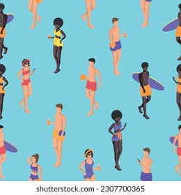 seamless pattern isometric people in beachwear with different items in their hands walk.Vector illustration on a blue background.