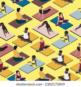 seamless pattern isometric people doing yoga.harmony. self-knowledge.vector illustration.