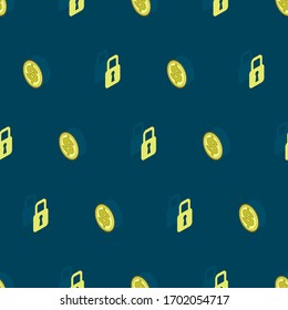 Seamless pattern in isometric style with picturing a yellow lock and dollar coins on a blue-green background.