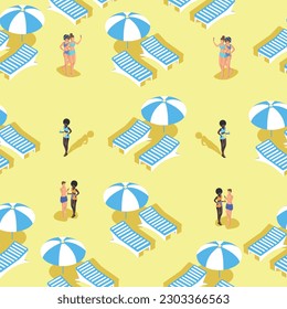 seamless pattern isometric sun loungers on the beach with people.vector illustration.