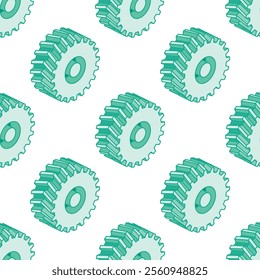 Seamless pattern with isometric tractor wheels. Vector illustration. Objects isolated on white background. Heavy duty truck wheels.