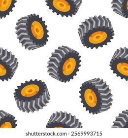 Seamless pattern with isometric tractor wheels. Vector illustration. Objects isolated on white background. Heavy duty truck wheels.