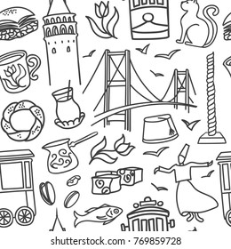 Seamless pattern Istanbul symbols. Vector illustration with hand drawn black doodle outline on white background. Modern clear line design for touristic print, backdrop, wrapping paper or wallpaper.